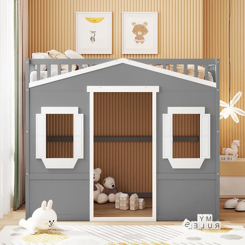Full Size House Loft Bed, Wood House Bed Frame with Windows, Child Loft Bed with Ladder and Safety Guardrails