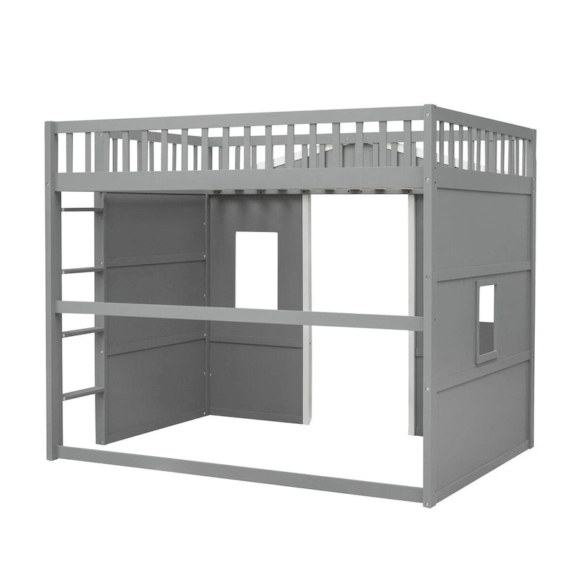 Full Size House Loft Bed, Wood House Bed Frame with Windows, Child Loft Bed with Ladder and Safety Guardrails