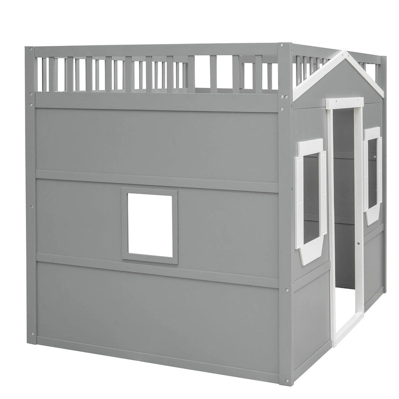 Full Size House Loft Bed, Wood House Bed Frame with Windows, Child Loft Bed with Ladder and Safety Guardrails