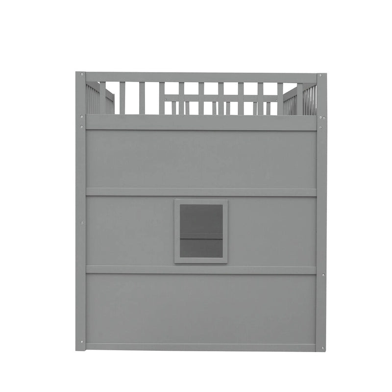 Full Size House Loft Bed, Wood House Bed Frame with Windows, Child Loft Bed with Ladder and Safety Guardrails