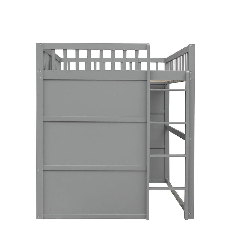 Full Size House Loft Bed, Wood House Bed Frame with Windows, Child Loft Bed with Ladder and Safety Guardrails