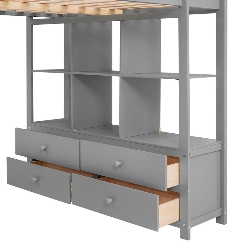 Hoogslaper met ingebouwd bureau, opbergplanken en lades