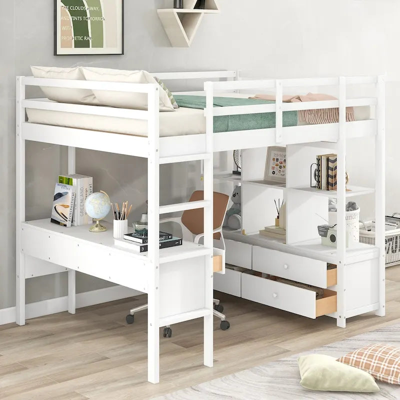 Hoogslaper met ingebouwd bureau, opbergplanken en lades