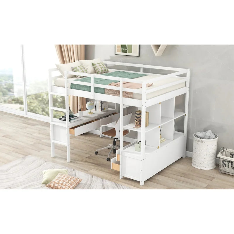 Hoogslaper met ingebouwd bureau, opbergplanken en lades