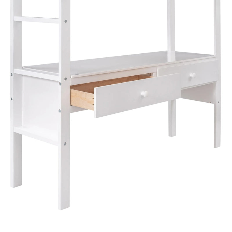 Hoogslaper met ingebouwd bureau, opbergplanken en lades