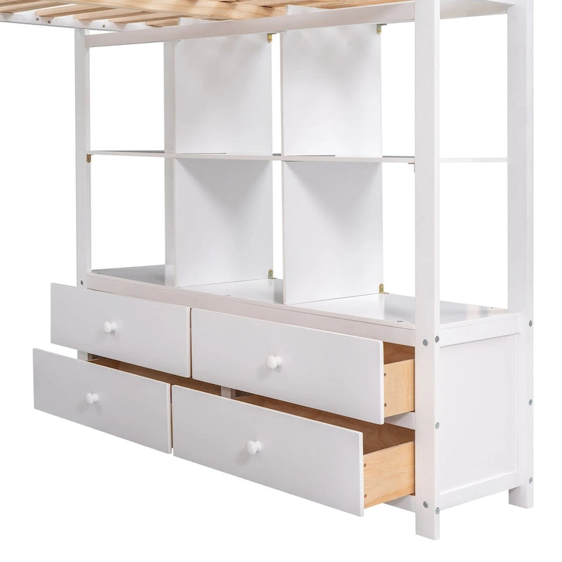 Hoogslaper met ingebouwd bureau, opbergplanken en lades