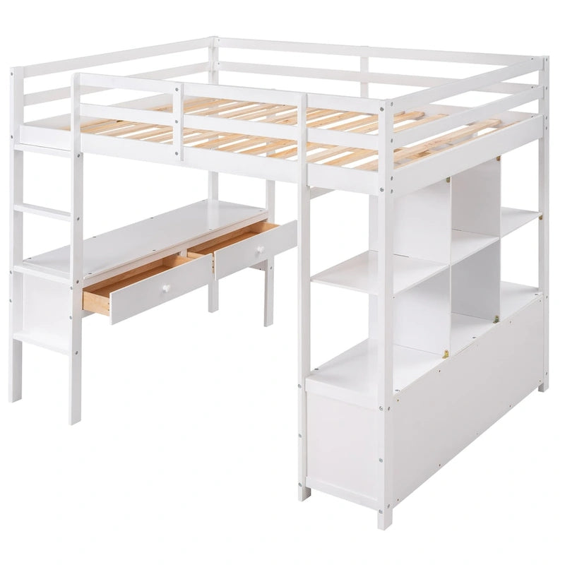 Hoogslaper met ingebouwd bureau, opbergplanken en lades