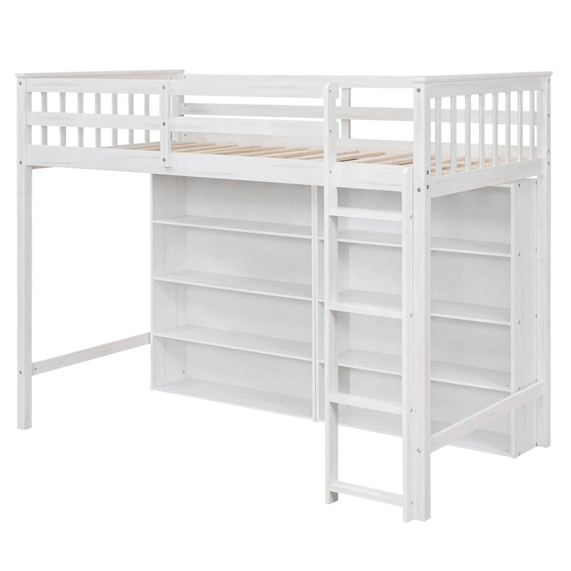 Twin Size Loft Bed with 8 Open Storage Shelves and Built-in Ladder