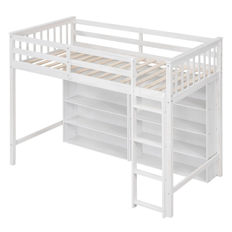 Twin Size Loft Bed with 8 Open Storage Shelves and Built-in Ladder