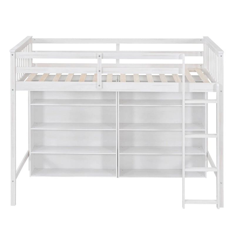 Twin Size Loft Bed with 8 Open Storage Shelves and Built-in Ladder