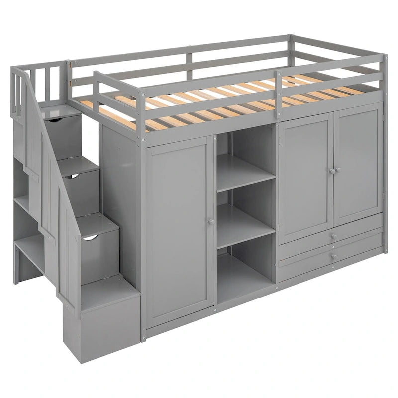 Twin Size Loft Bed with 3 Shelves, 2 Wardrobes and 2 Drawers, Ladder with Storage, No Box Spring