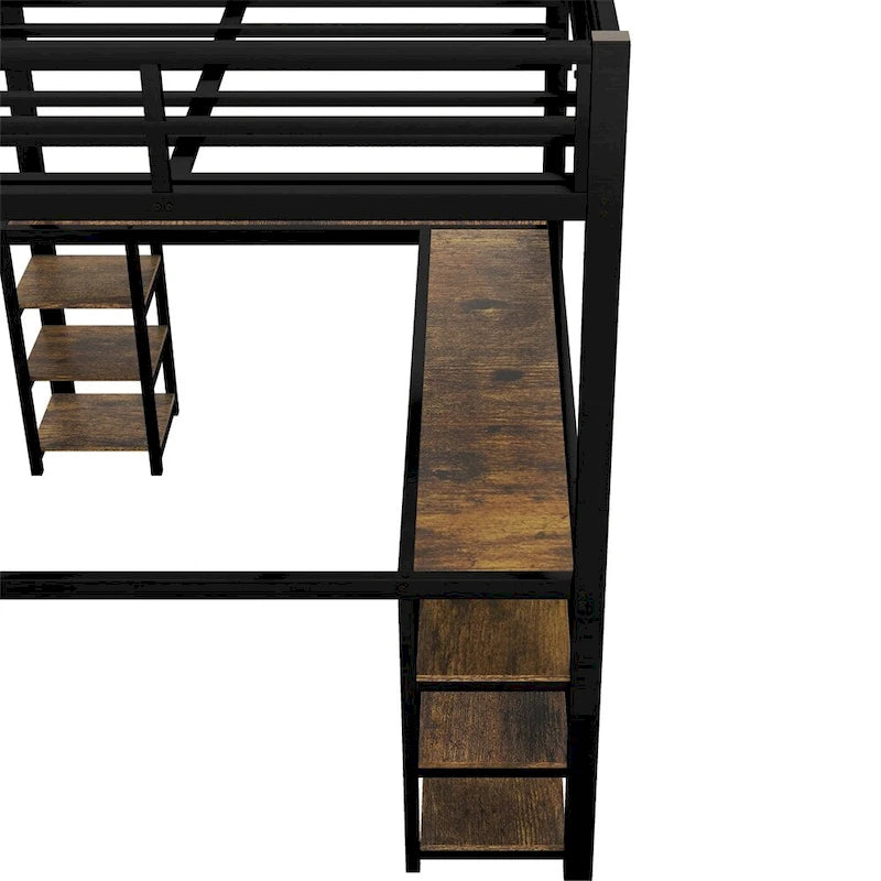 Full Metal Loft Bed with Desk and Shelves, Ladder and Guardrails