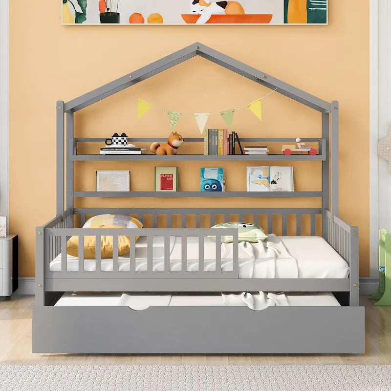 Wooden Full Size House Bed with Twin Size Trundle