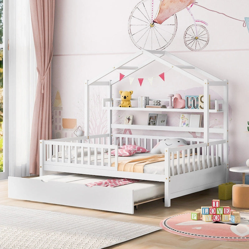 Wooden Full Size House Bed with Twin Size Trundle