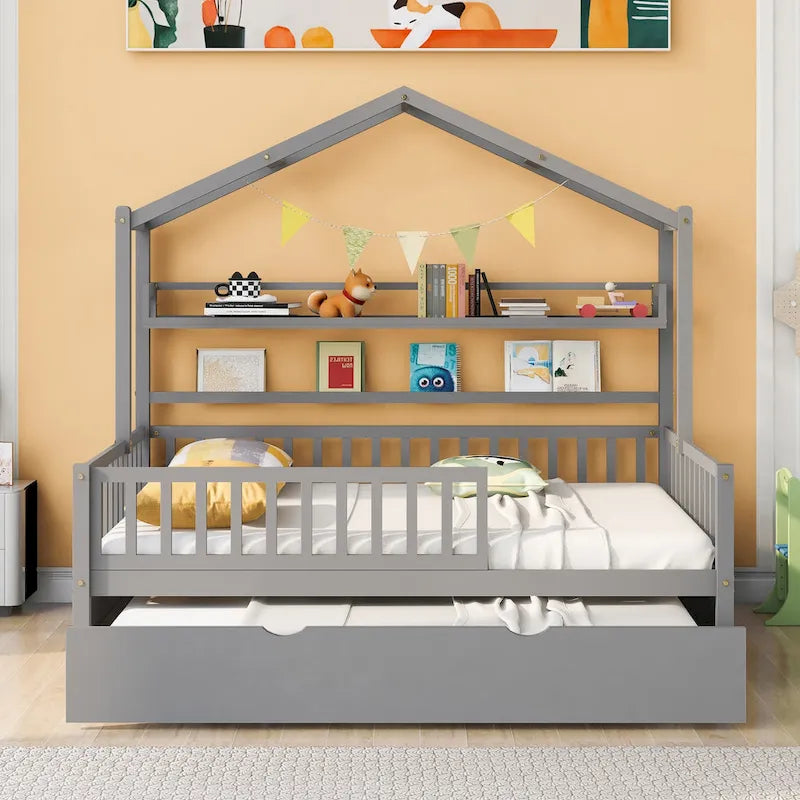 Wooden Full Size House Bed with Twin Size Trundle