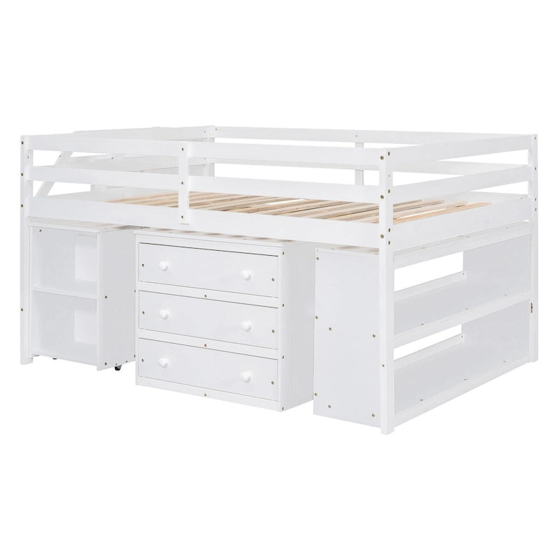 White Full Size Solid Wood Loft Bed with Retractable Desk, Storage Stairs, Storage Drawers, and Shelves