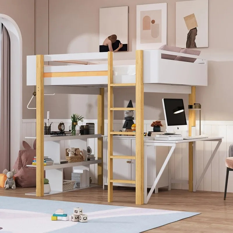 Twin Size Wood Loft Bed With Built-in Storage Cabinet and Shelf, Foldable Desk