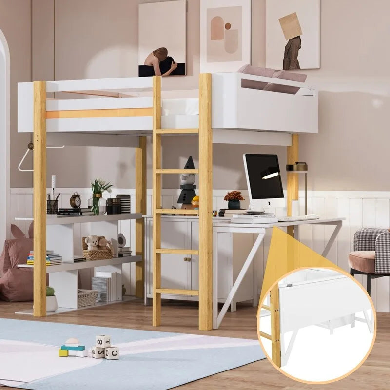 Twin Size Wood Loft Bed With Built-in Storage Cabinet and Shelf, Foldable Desk
