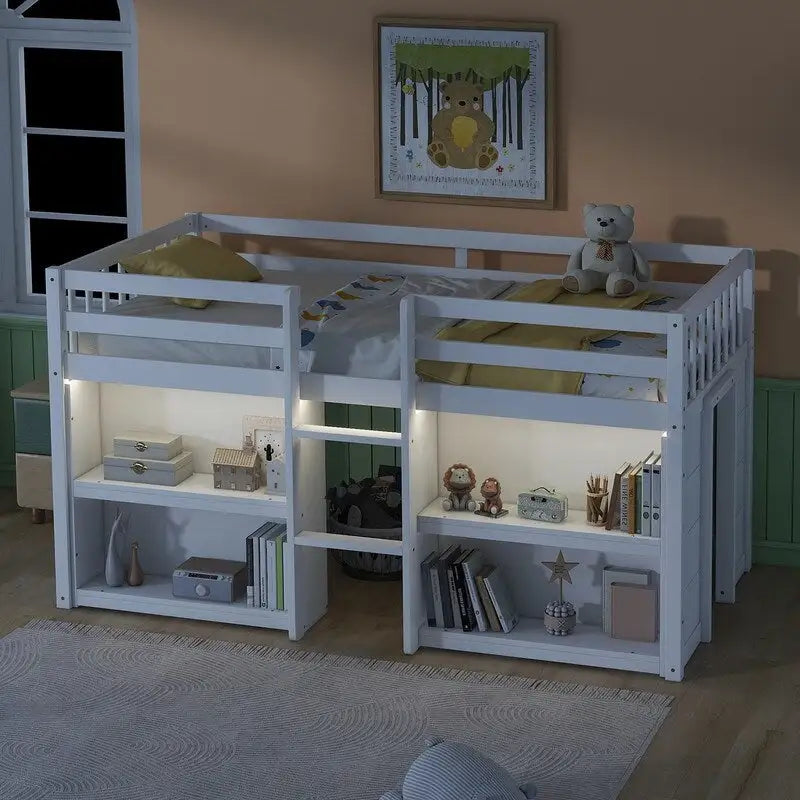 Twin Size Kid Low Loft Bed With Two-Tier Shelves And LED Light