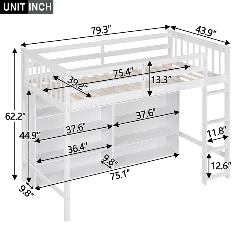 Wood Twin Size Loft Bed with 8 Open Storage Shelves, Multi-Function Loft Bed