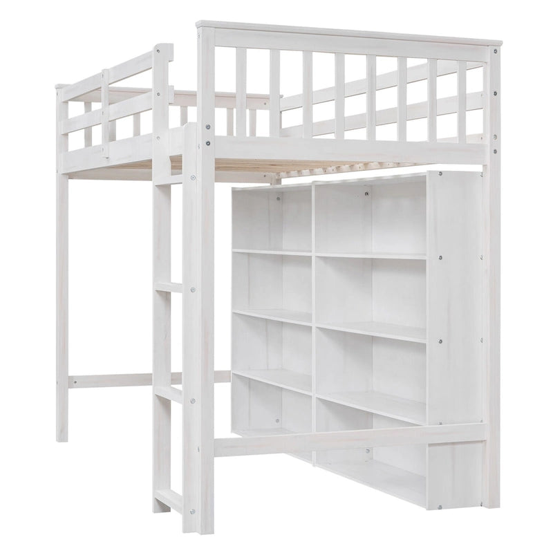 Wood Twin Size Loft Bed with 8 Open Storage Shelves, Multi-Function Loft Bed