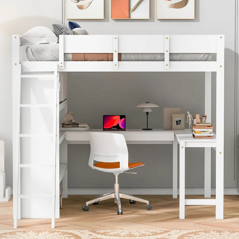 Full Size Loft Bed with Desk and Shelf