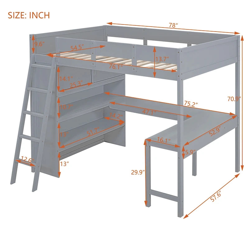 Full Size Loft Bed with Desk and Shelf