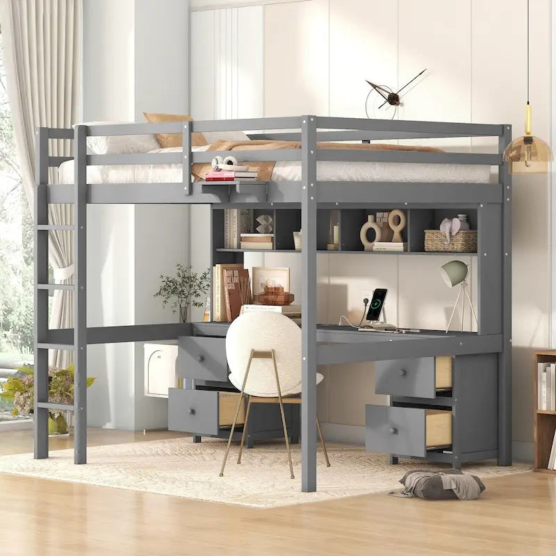 Full Size Wood Loft Bed with Integrated Desk, Storage Cabinets, Drawers, Bedside Tray, and Charging Station