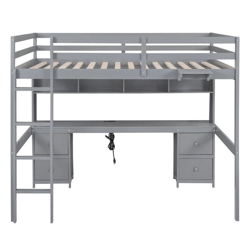 Full Size Wood Loft Bed with Integrated Desk, Storage Cabinets, Drawers, Bedside Tray, and Charging Station