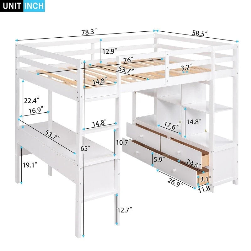 Full Size Loft Bed with Built-in Desk with Drawers and Shelves