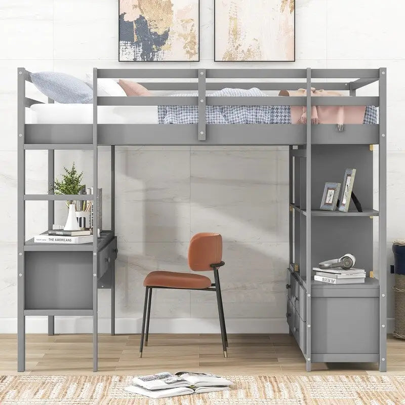 Full Size Loft Bed with Built-in Desk with Drawers and Shelves