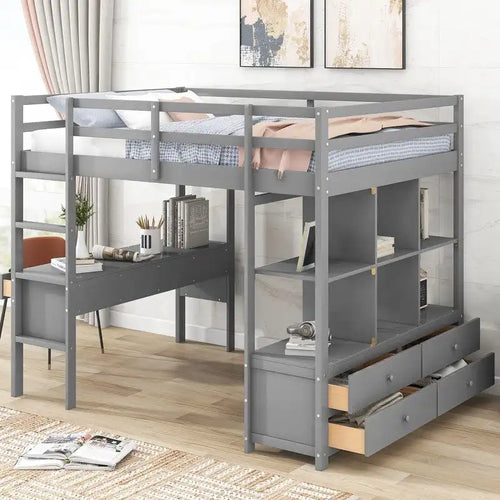 Full Size Loft Bed with Built-in Desk with Drawers and Shelves