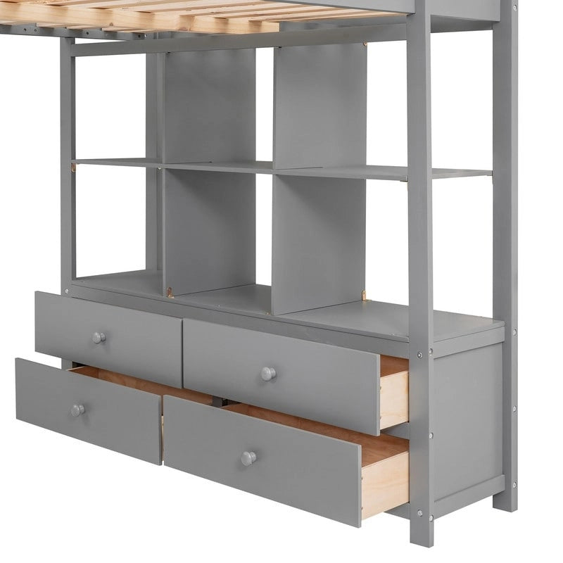 Full Size Loft Bed with Built-in Desk with Drawers and Shelves