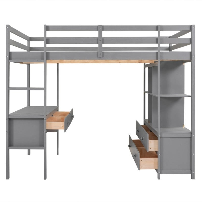Full Size Loft Bed with Built-in Desk with Drawers and Shelves