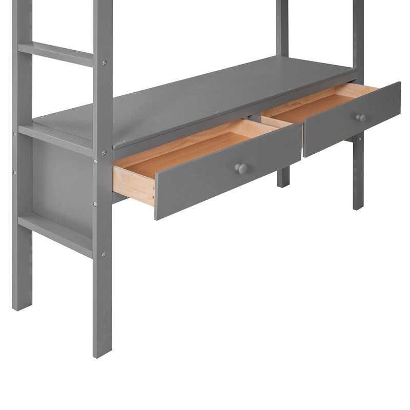 Full Size Loft Bed with Built-in Desk with Drawers and Shelves