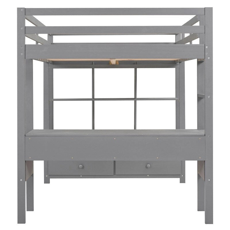Full Size Loft Bed with Built-in Desk with Drawers and Shelves