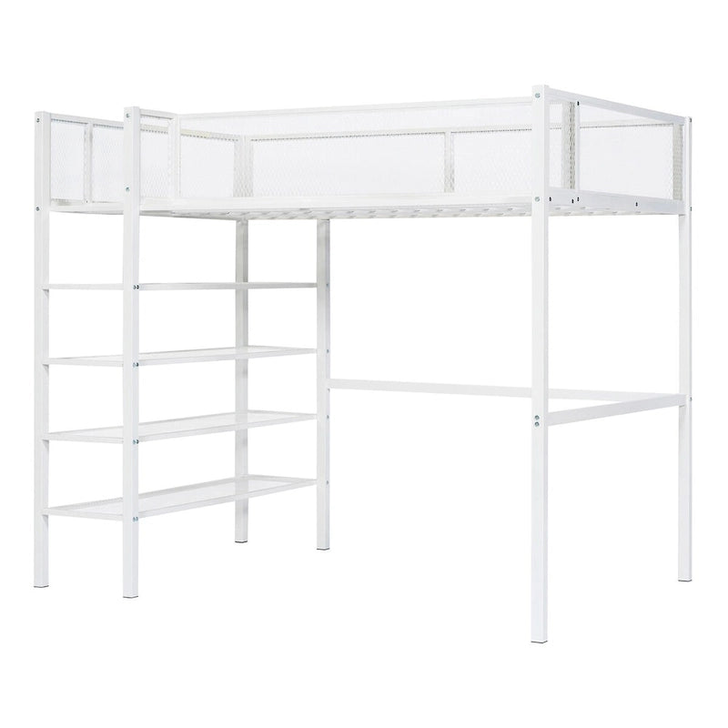White Twin Metal Loft Bed with Shelves, Workstation, Guardrail