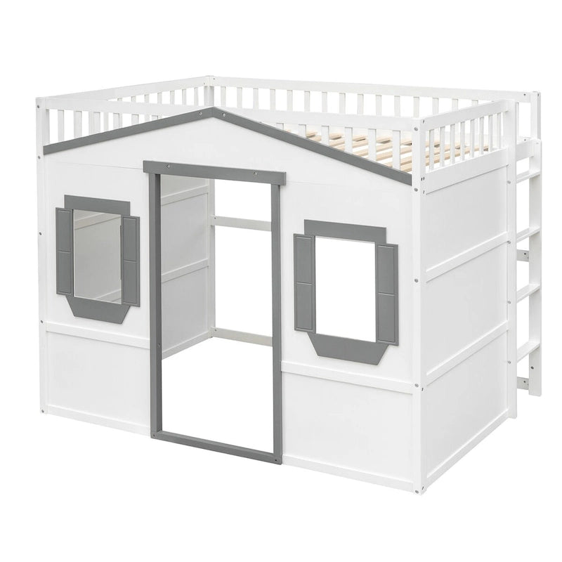 White+Gray Castle Style Solid Pine Wood Loft Bed with Ladder and Guard Rails