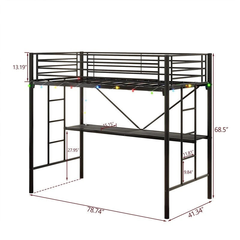 Metal Loft Bed with Desk,Power Outlet and LED Lighted,Twin Size