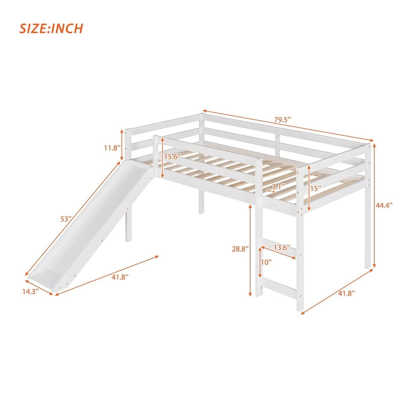 Loft Bed with Slide, Multifunctional Design, Twin