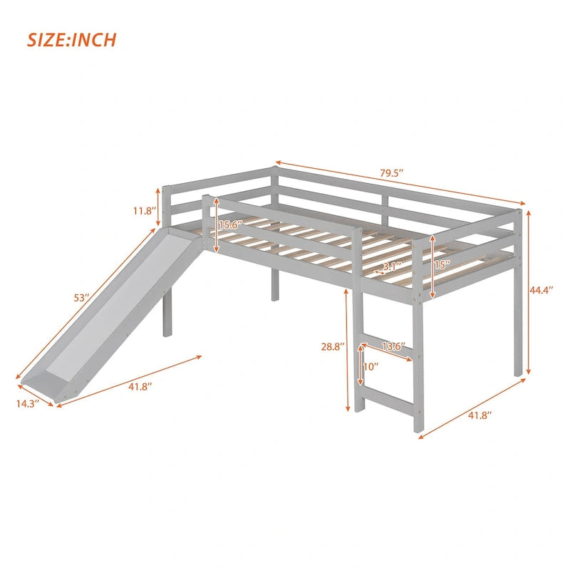 Loft Bed with Slide, Multifunctional Design, Twin