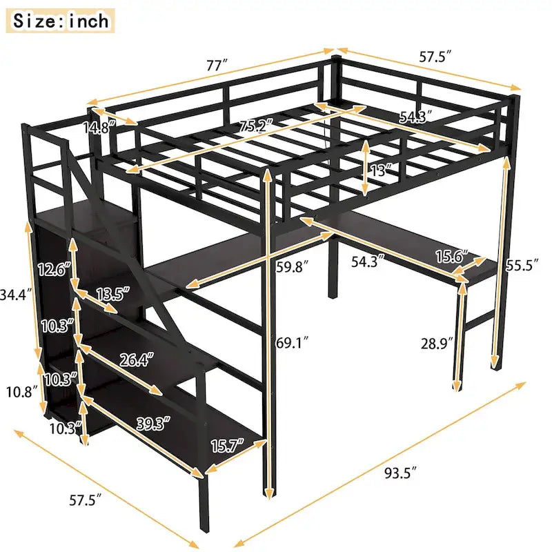 Modern Loft Bed with L-shaped Desk, Wardrobe and USB Ports
