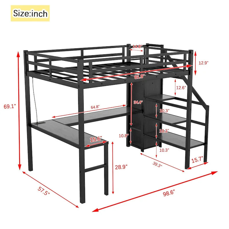 Modern Loft Bed with L-shaped Desk, Wardrobe and USB Ports