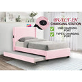 Twin Size Bed Frame With Trundle Bed, Teddy Fabric, Usb Functionality, And A Pocket Design On The Side Of The Headboard