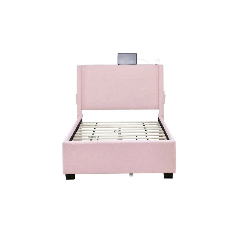 Twin Size Bed Frame With Trundle Bed, Teddy Fabric, Usb Functionality, And A Pocket Design On The Side Of The Headboard