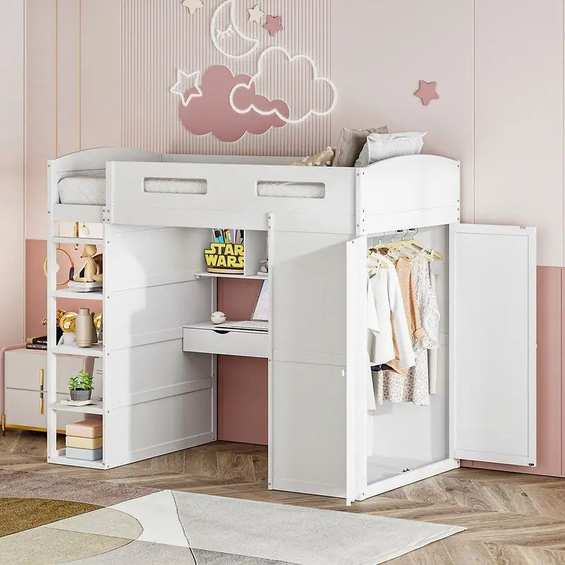 Twin Size Loft Bed with Desk, Wardrobes, 4 Drawers and 4 Shelves